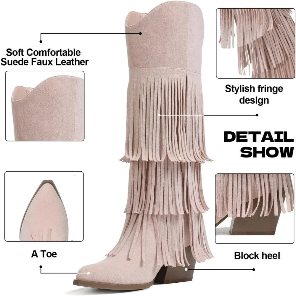 Women Retro Pointed Faux Suede Apricot Fringe Knee High Western Cowgirl Boot
